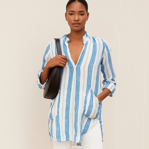 CP Shades Dresses & Skirts - CP Shades Linen Tunic Dress Size XS White/Blue Stripes Classic Fall Staple Piece